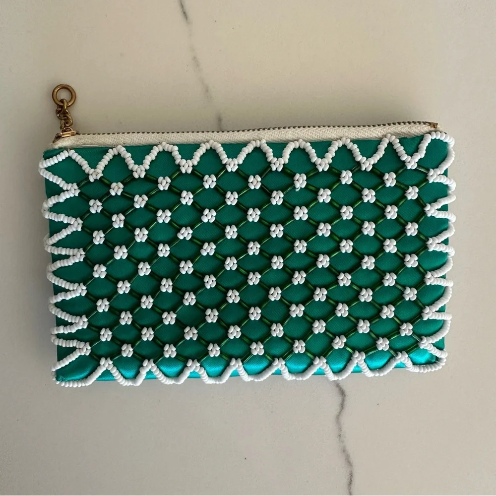 Vintage 1950s Green Silk Small Beaded Satin Pouch Emerald Green and White. 5.5
